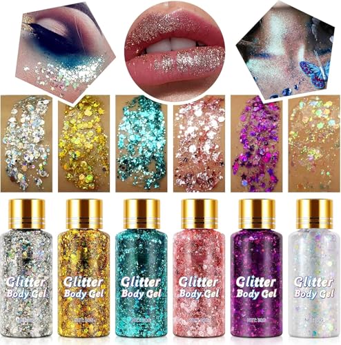 Body Glitter Gel Set - 6 Colors Shimmer Makeup for Face & Hair
