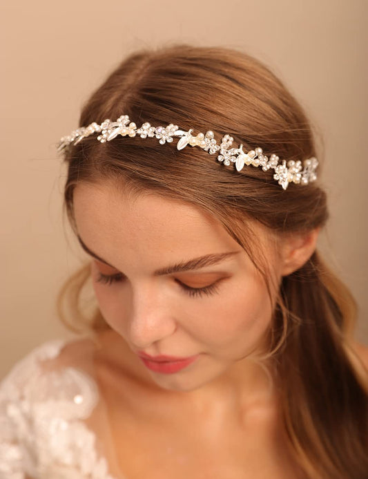 Jumwrit Flower Leaf Bridal Hairband Rhinestone Crystal Wedding Hairpiece for Women Girls Dainty Pearl Bridal Hair Accessories for Bride Bridesmaid