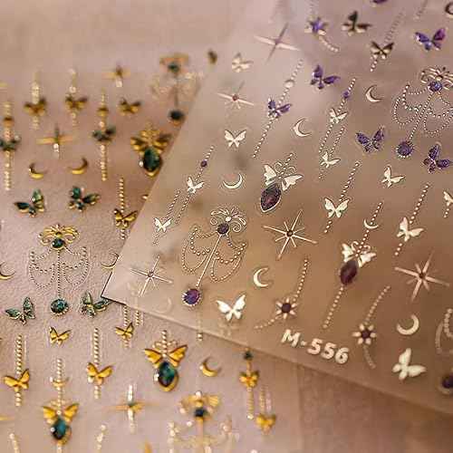 Gold Butterfly Nail Art Stickers 5D Embossed Butterfly Nail Decals Puper Green Bronzing Silver Butterflys Nails Design Self Adhesive Nails Art Supplies for Women Nails Decoration
