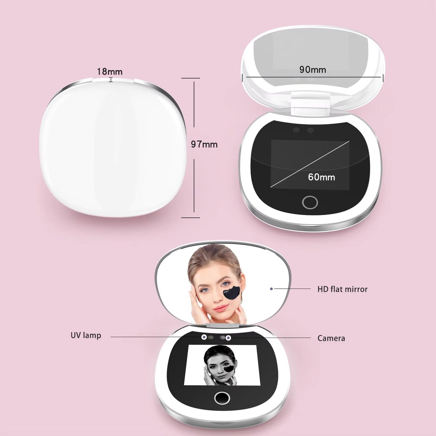 Soufyuane Portable led Mirror Beauty Mirror with Smart UV Sunscreen Tester, 360° Adjustable UV Camera for Skin Protection Detection Long - Standby Ideal for Sun Skin Care Travel Make up Mirror