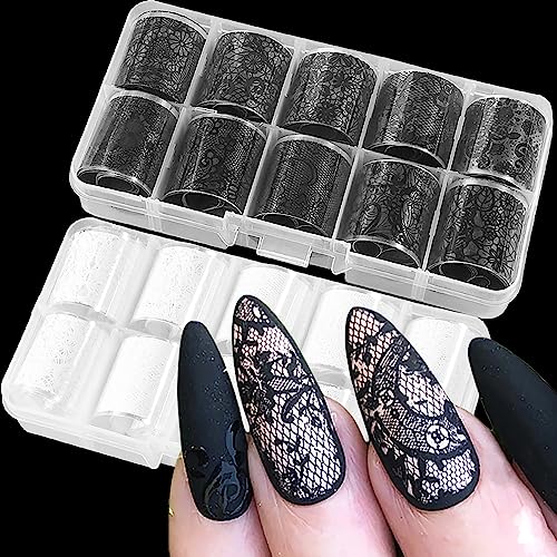 20 Rolls Black and White Lace Nail Transfer Foil Set for Acrylic Nails