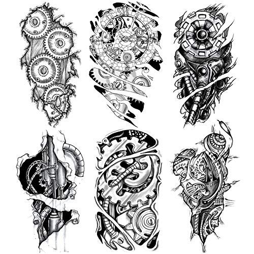Biomechanical Gear Temporary Tattoos - 6 Sheets Waterproof Fake Tattoos