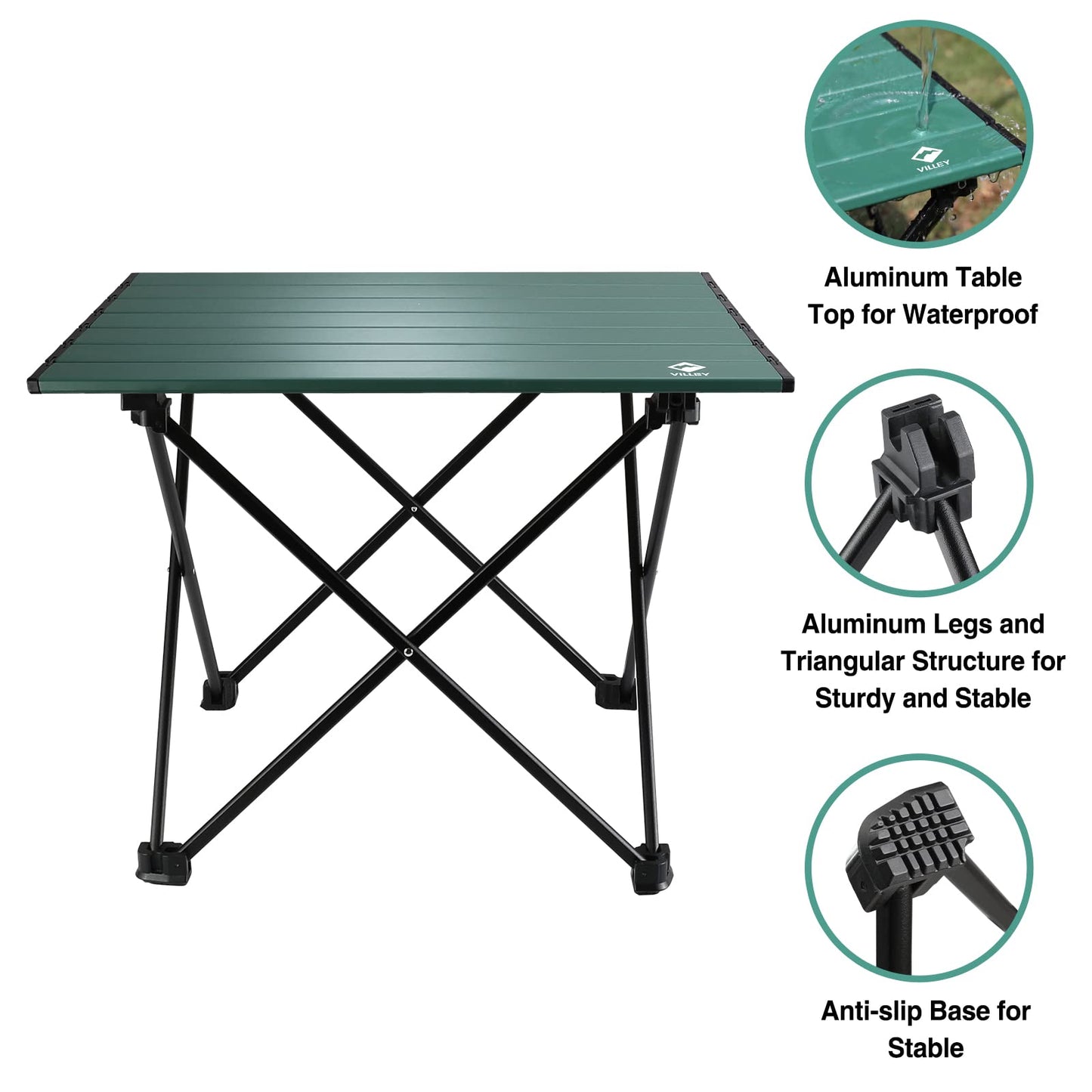 VILLEY Portable Camping Side Table, Ultralight Aluminum Folding Beach Table with Carry Bag for Outdoor Cooking, Picnic, Camp, Boat, Travel - Green