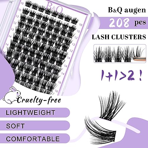 Lash Clusters 208 PCS Cluster Lashes Individual Lashes B37+B28 Eyelash Extensions 10-18mm DIY Lash Extensions D Curl Volume Wispy Soft Comfortable Band False Lashes (D-10-18MIX,B37+B28)