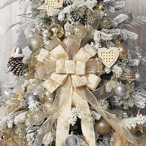 Christmas Tree Topper Bow, 44X12 Inch Artificial Xmas Tree Flower Topper Decor, for Family, Wedding, Birthday Party, Indoor Outdoor Thanksgiving Christmas Decoration - Gold/Snowflake.