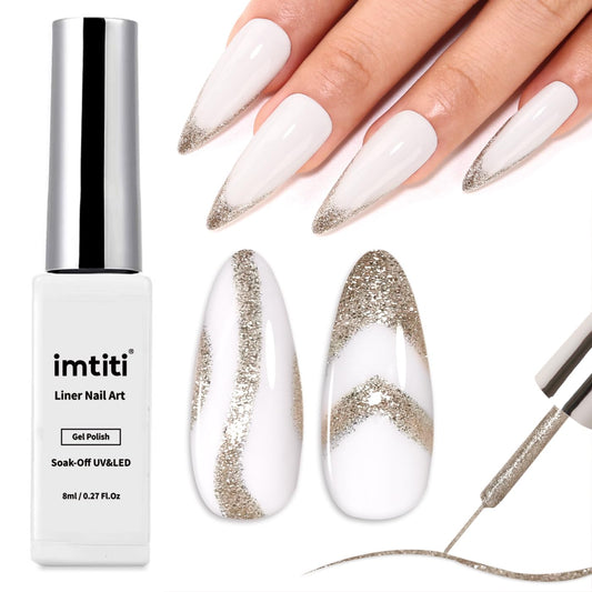 Imtiti Nail Art Liner Gel Polish,1 Pcs 8ml Platinum Gold Glitter Sparkly Gel Liner Nail Polish Soak off UV LED Gel Polish Liner Salon Manicure Swirl Nail Design