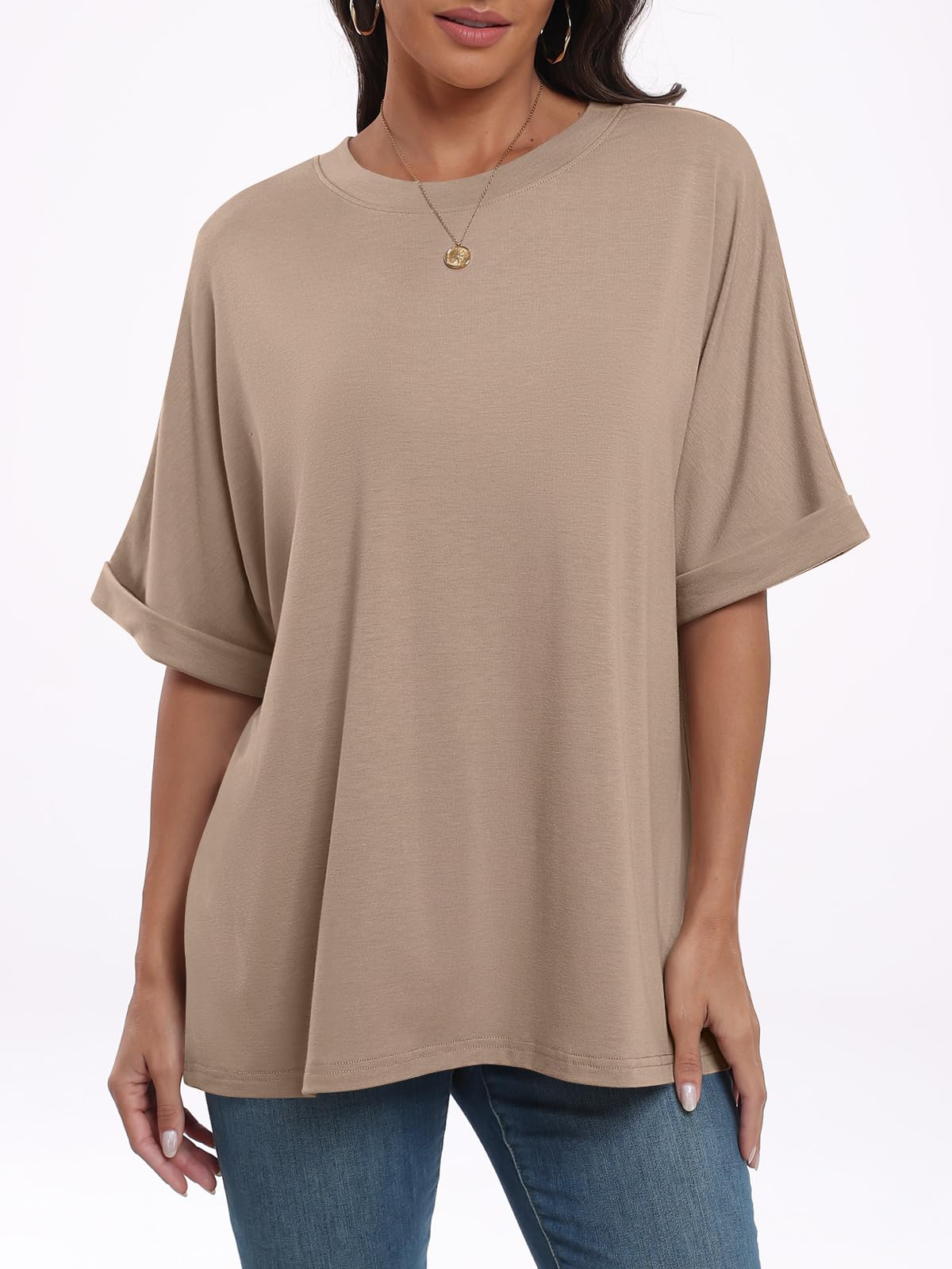 ANRABESS Women's Oversized T Shirts Short Sleeve Crewneck Summer Tops Casual Loose Basic Tee Shirts 2024 Trendy Clothes Khaki Small