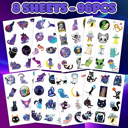 96 PCS Space Cat Temporary Tattoos for Kids Party Favors