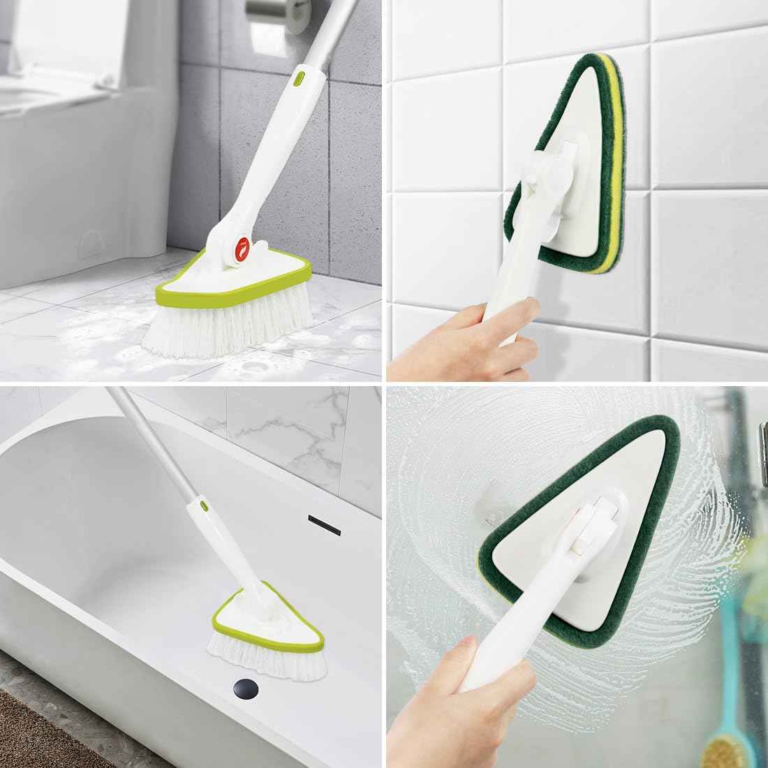 CQT 2 in 1 Bathroom Cleaning Brush with 48" Extendable Long Handle Detachable Scrub Brush with 2 Scrubber Heads and 2 Scouring Pad Head for Cleaning Bathtub Shower Bathroom Wall Bathtub Floor