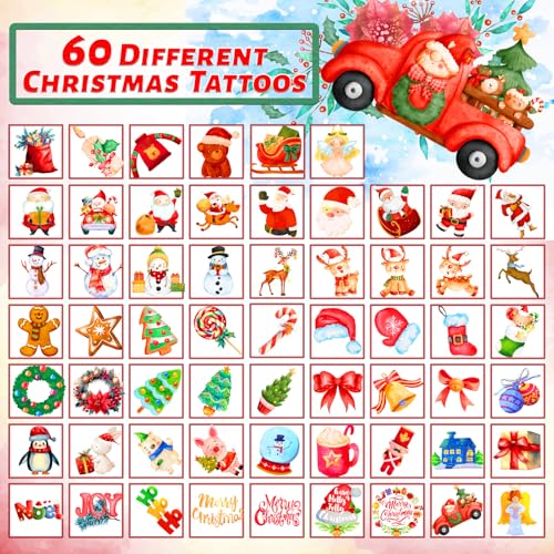 winthrop 240 Pcs Bulk Christmas Temporary Tattoos for Kids, Individually Wrapped Safety Waterproof Tattoos Stickers, Best Choice for Christmas Goody Bag Stuffers, 60 Different Designs Santa Snowman