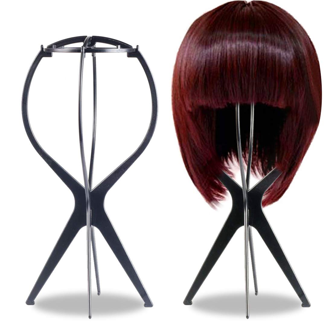 Smilco Wig Stand with Wig Brush Combo, 2 Pack Portable Collapsible Wig Dryer Holder for Wigs Display, Professional Wig Comb for Hair Finishing (Black) (2+2)