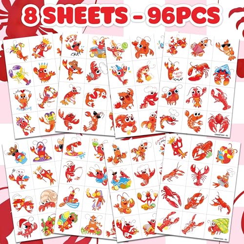 96 PCS Crawfish Boil Pre-Cut Temporary Tattoos for Kids | Super Cute Crawfish Themed Birthday Party Favors, Supplies, Decorations, Ocean Animal Tattoo Stickers, School Rewards & Gifts Boys & Girls