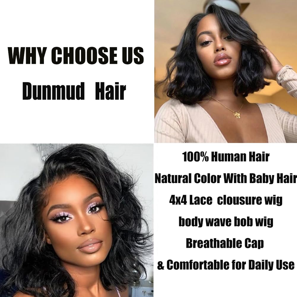 Dunmud Bob Wig Human Hair Wigs For Black Women 4x4 Glueless Lace Front Wigs Human Hair Pre Plucked Short Bob Body Wave Lace Closure Wigs Loose Wave Wigs Brazilian Virgin Remy Hair Wig 10 Inch