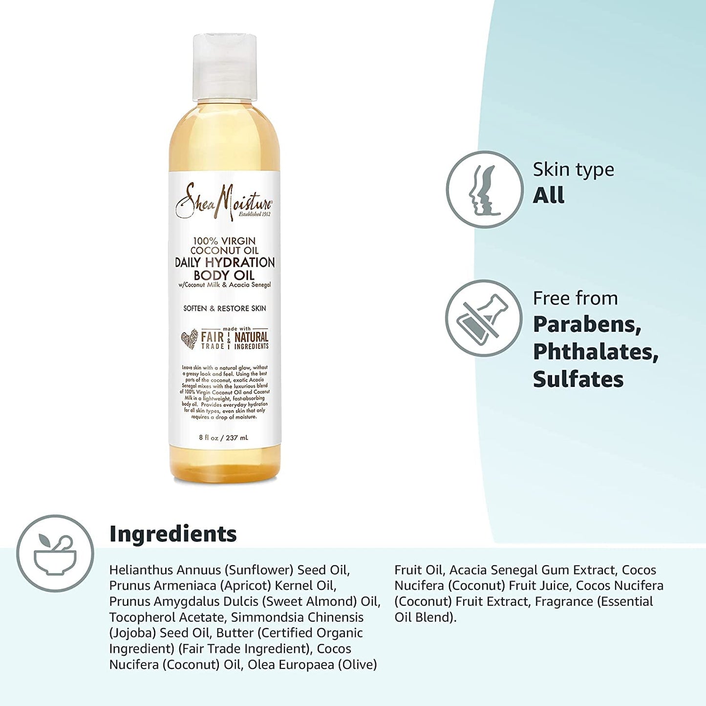 SheaMoisture Body Skin Care, Daily Hydration Body Oil with Virgin Coconut Oil & Shea Butter, Soften & Restore Radiant Healthy Glow to Dull Skin, Paraben Free