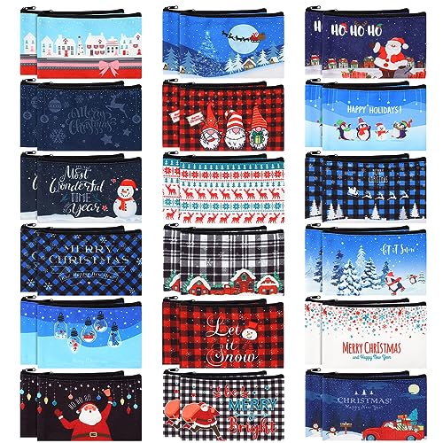 Abbylike 36 Pcs Christmas Makeup Bags Bulk Gifts Plaid Cosmetics Santa Gnomes Elk Snowman Xmas Purse Double Sided Goodie Bags for Women Travel Holiday Present,18 Styles (Christmas)
