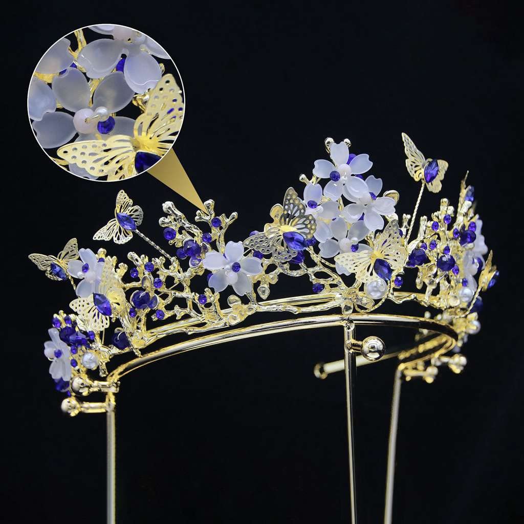 Yunyuebridal Bridal Crown Baroque Pearl Rhinestone Crown And Tiara Butterfly Hairband Wedding Hair Accessories Princess Crown Bride Tiaras (Royal Blue)