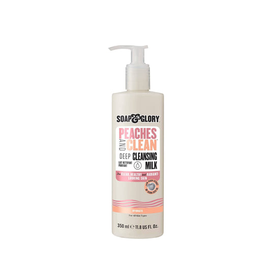 Soap & Glory Peaches & Clean Deep Cleansing Milk - 4 in 1 Milk Cleanser & Makeup Remover with Peach Extract, Ginseng & Jojoba Oil - Hydrating Facial Cleanser for Clarified & Energized Skin (350ml)