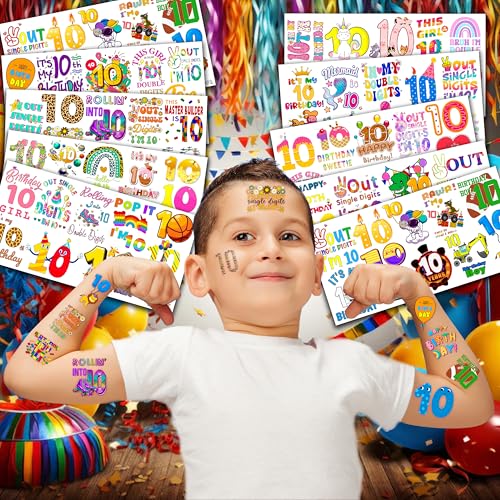 100 Pcs 10th Birthday Temporary Tattoos for Kids