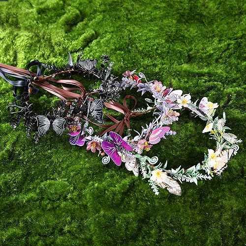 MOSTORY Handmade Purple Butterfly Flower Crown - Fairy Headband Floral Elf Crown Woodland Circlet for Women Girls Renaissance Halloween Festival Cosplay Party Photo Shoot