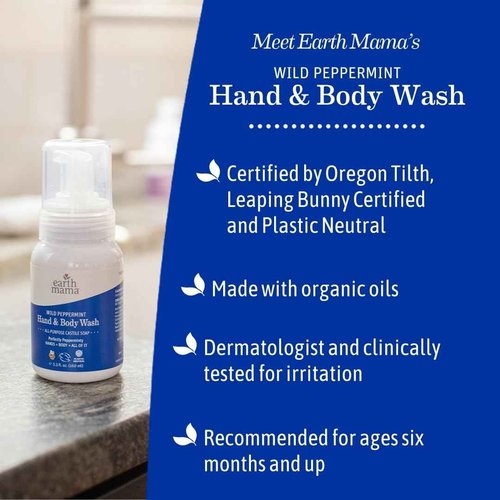 Earth Mama Wild Peppermint Hand & Body Wash | Foaming Hand Soap Refill, Castile Soap Liquid Made with Organic Wild Mint & Peppermint Oil, 34 fl oz