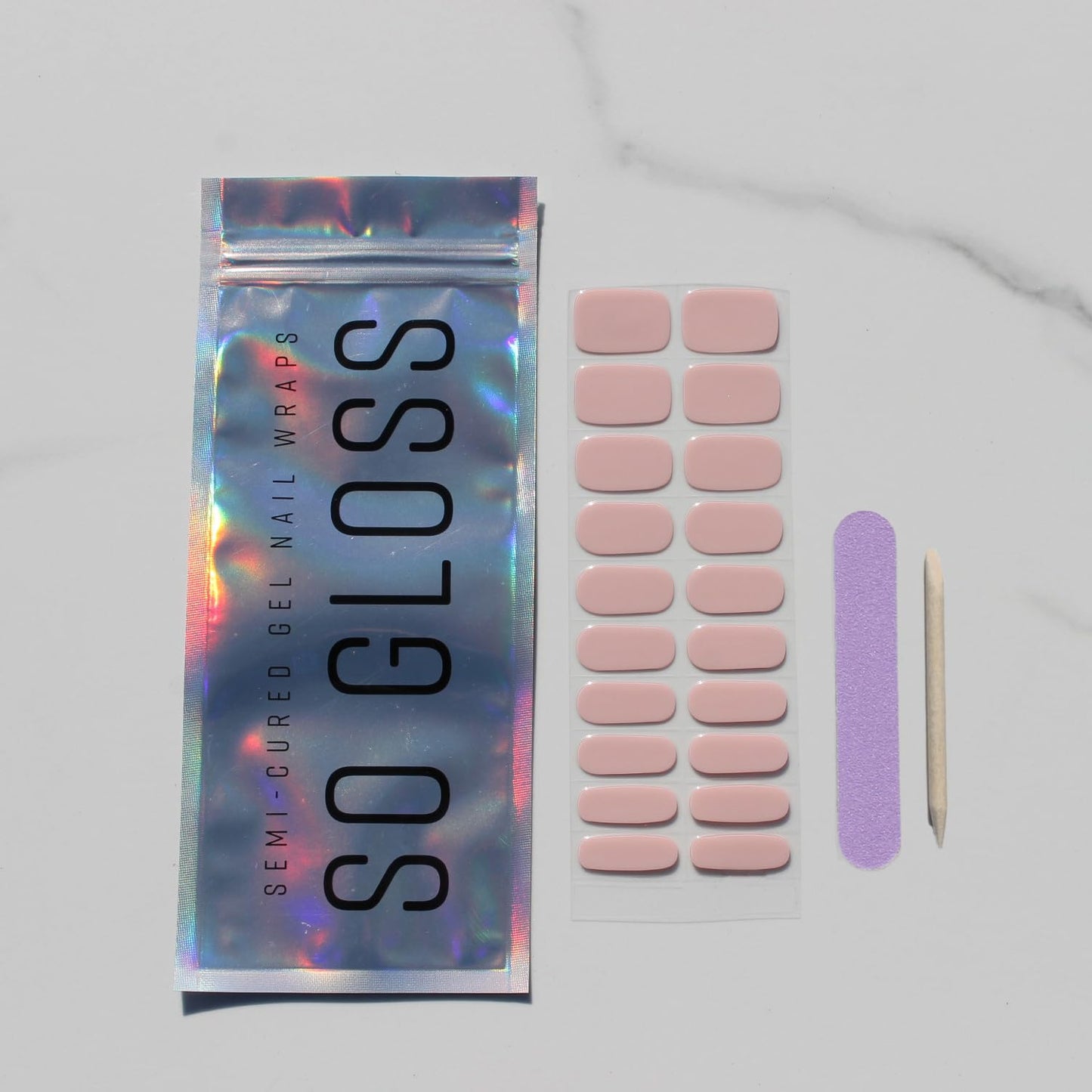 So Gloss Semi Cured Gel Nail Wraps | 20 Nail Wraps | Works with Any LED Nail Light | Salon Quality | Long Lasting | Includes Nail File and Cuticle Stick (Bougie Bare)