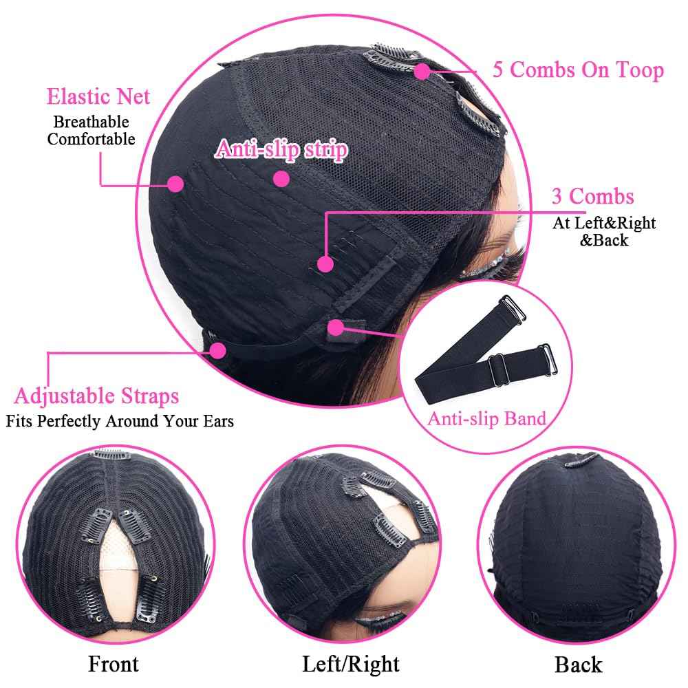 Pobokix Straight V Part Wigs Human Hair Upgrade U Part Human Hair Wigs for Black Women Glueless Clip In Half Wig 180% Density Natural Color (8inch)