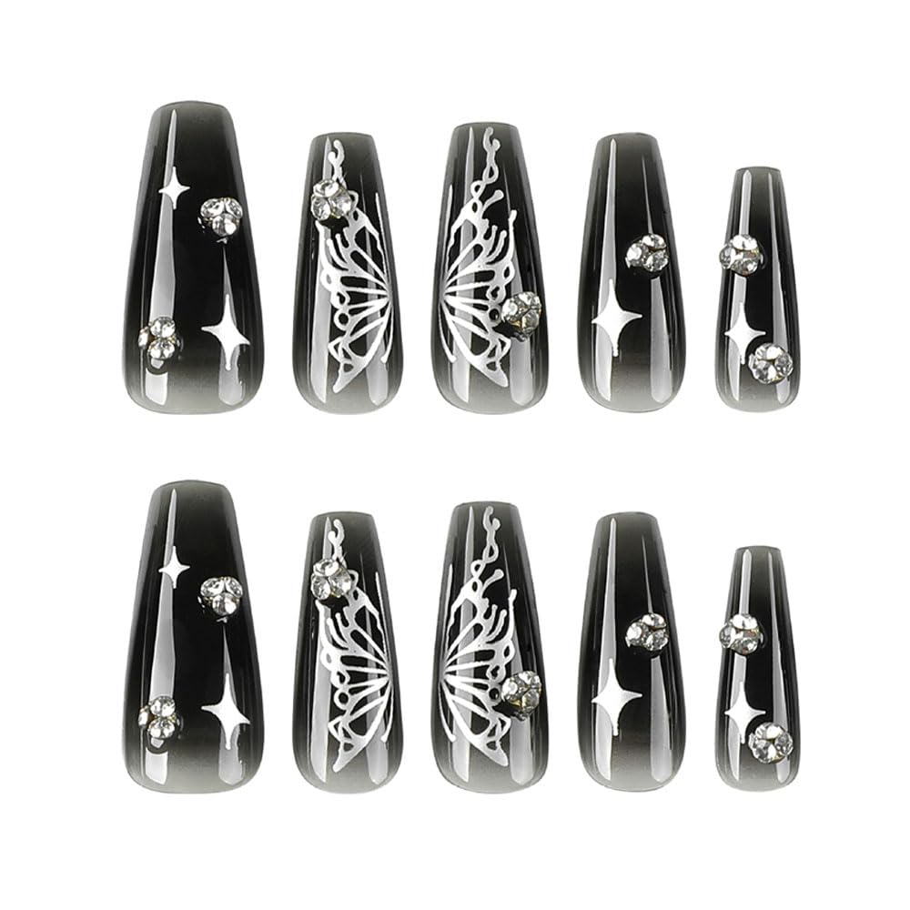 BAOYAALIN Black Press on Y2K Nails Medium Long Coffin Fake Glue on Nails with Star Design for Women Girls Full Cover Artificial Rhinestones Acrylic False Stick on Nail for Daily Wear Wedding 24Pcs