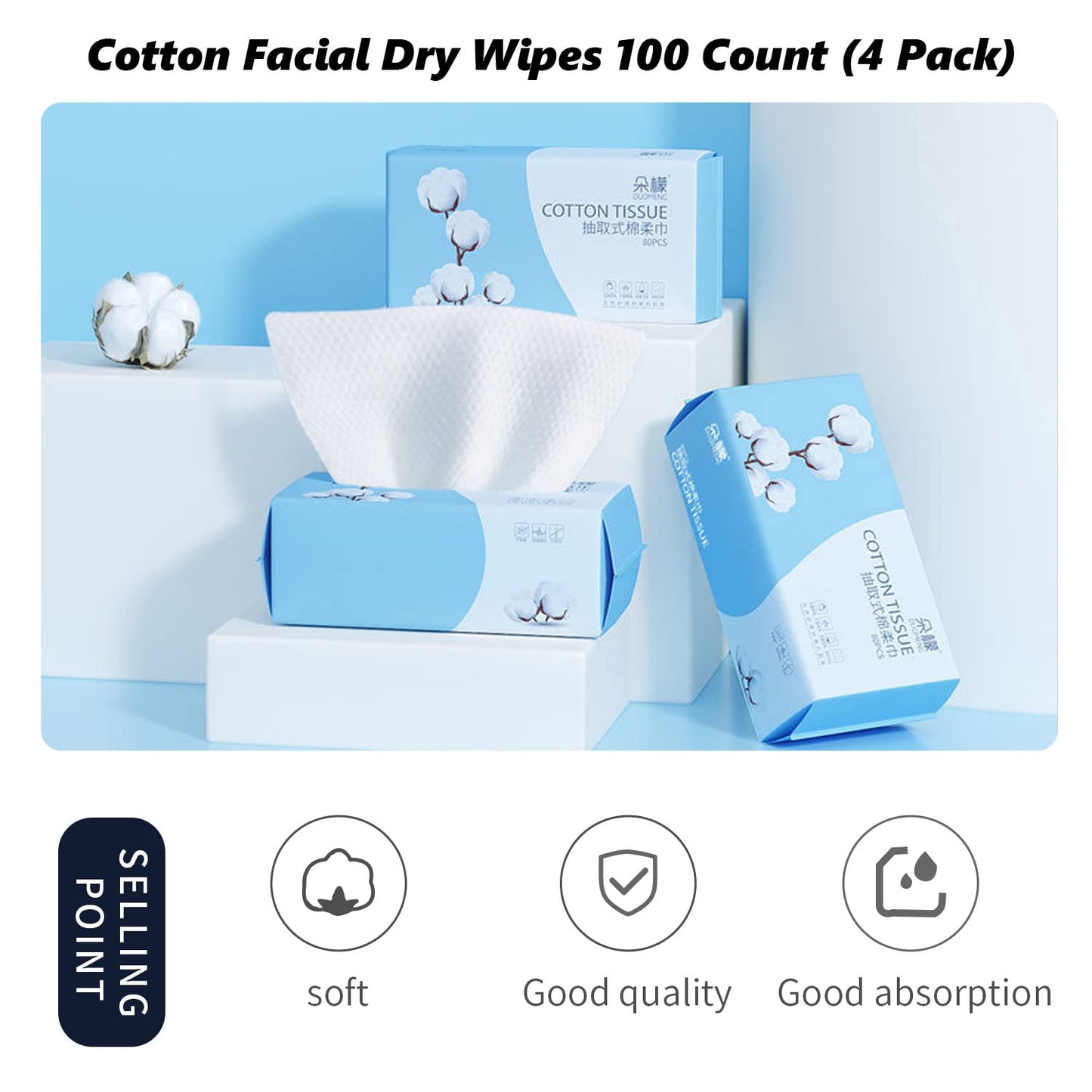 Cotton Facial Dry Wipes 100 Count, Deeply Cleansing Disposable Face Towel Wash Cloth, Multi-Purpose for Skin Care, Make-up Wipes, Face Wipes and Facial Cleansing (4 Pack)