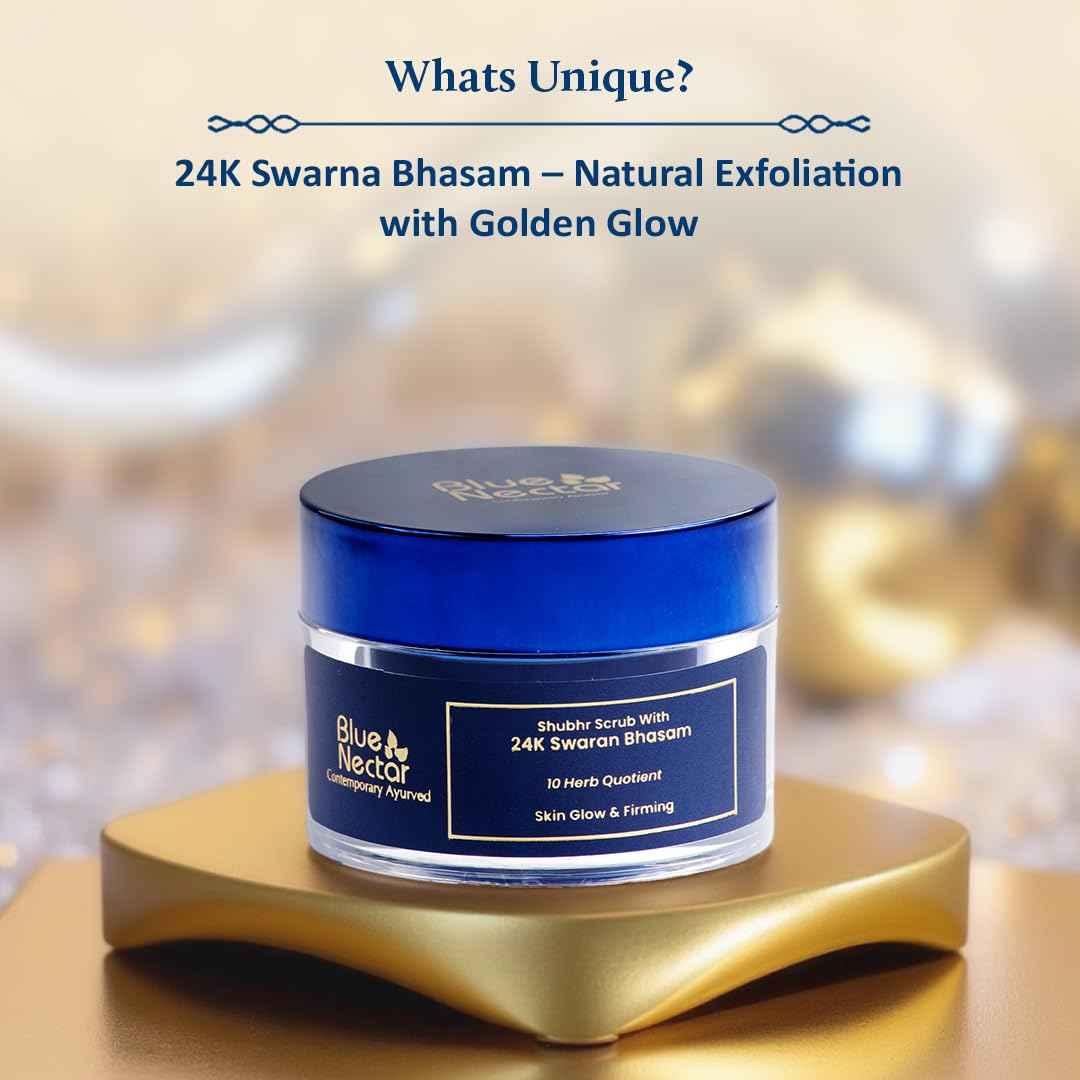 Blue Nectar Gold Face Scrub for Glowing Skin | Cleanser & Exfoliating Scrub with Aloe Vera, Walnut & Kumkumadi for Men & Women | Ayurvedic Tan Removal (12 Herbs, 1.7 Oz)