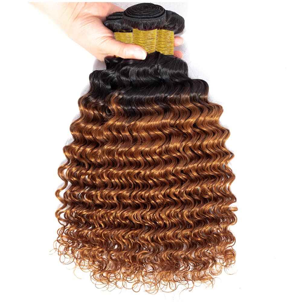 Ombre Human Hair Bundles Deep Wave Bundle 1B/30 Brown Bundles Human Hair 16 18 20 Inch Dark Brown Unprocessed Brazilian Remy Hair Extensions Salon Quality For Women Deals