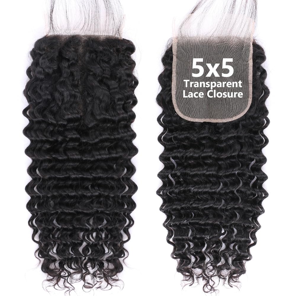 5x5 HD Lace Closure Deep Wave Ultra-thin Transparent HD Lace Closure 12A Brazilian Virgin Human Hair Closure Free Part Pre Plucked with Baby Hair Natural Black 12 Inch