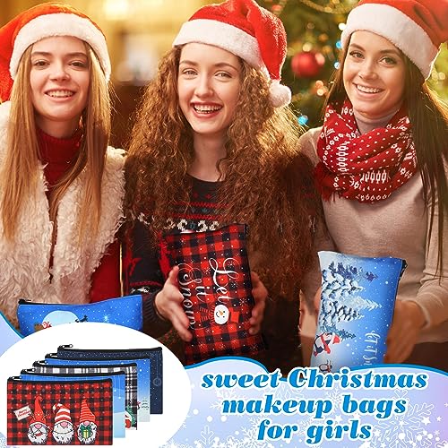 Abbylike 36 Pcs Christmas Makeup Bags Bulk Gifts Plaid Cosmetics Santa Gnomes Elk Snowman Xmas Purse Double Sided Goodie Bags for Women Travel Holiday Present,18 Styles (Christmas)