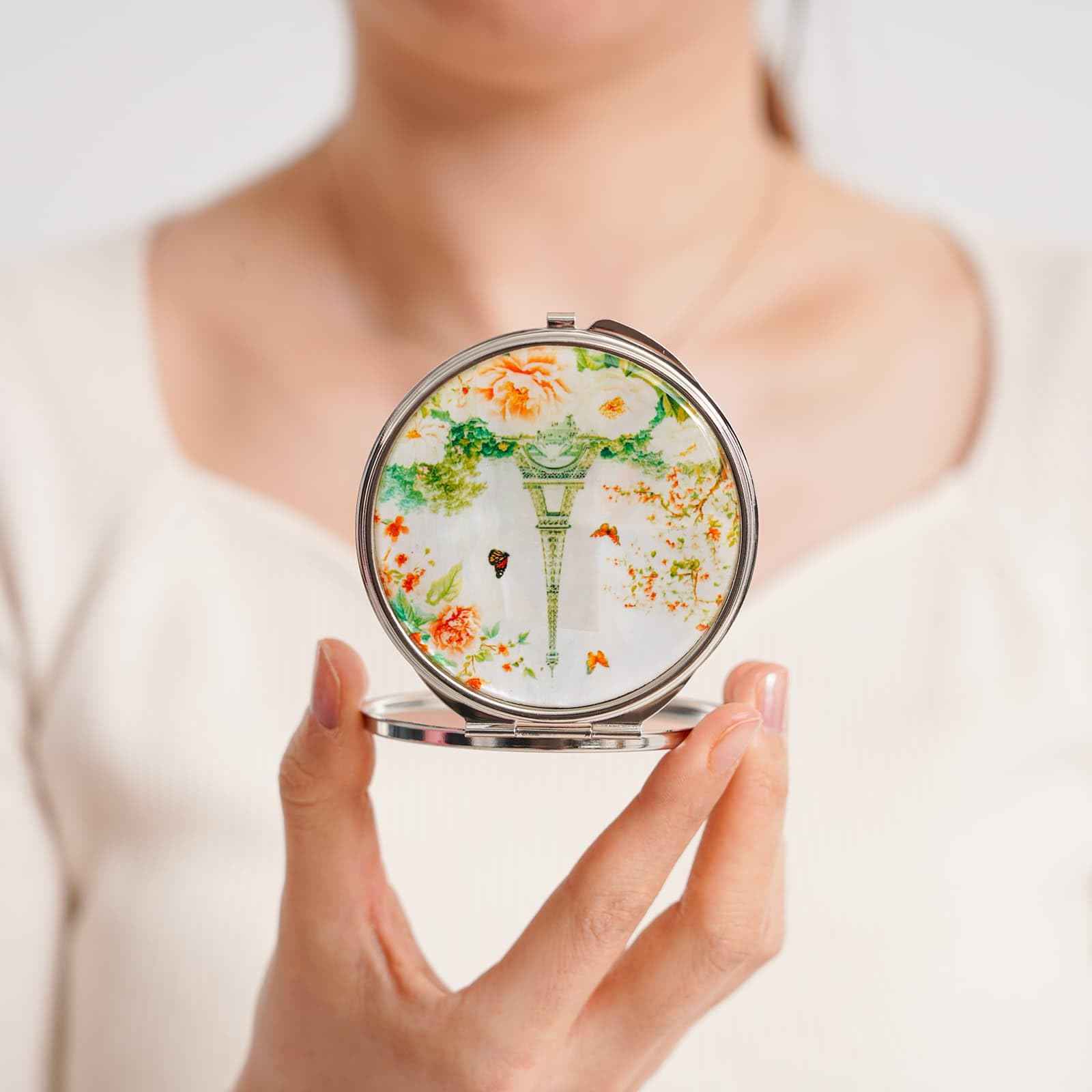 February Mountain Mother of Pearl Compact Mirror – Dual Magnification Gift for Women, Mom, Sister – Birthday or Christmas Idea (1, Paris in Bloom)