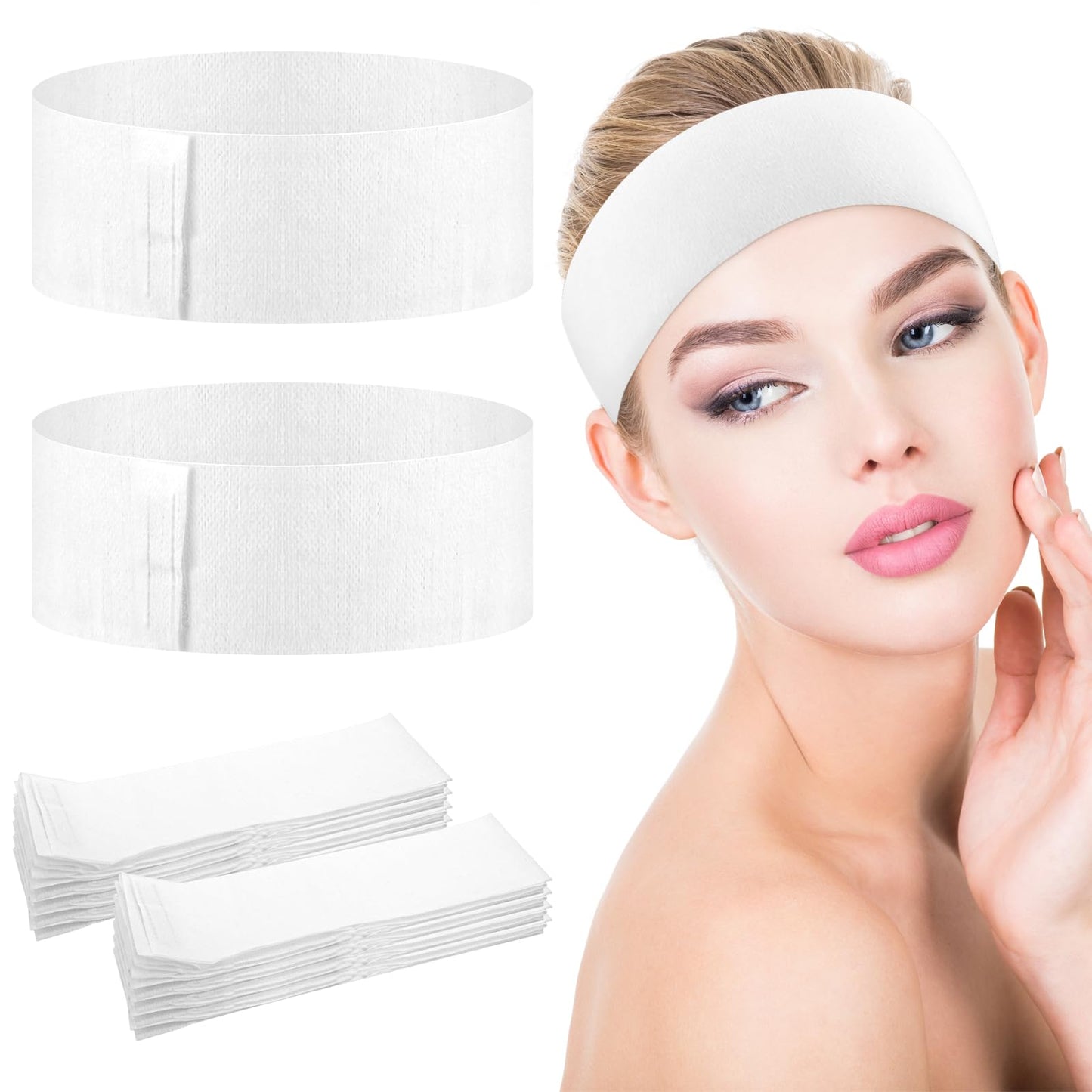 YUXIANLB 30 Pieces Disposable Spa Facial Headbands, Stretch Non-Woven Skincare Headband, Soft Skincare Hair Band with Adjustable Magic Tape for Women Girls Salons Esthetician Supplies (White)