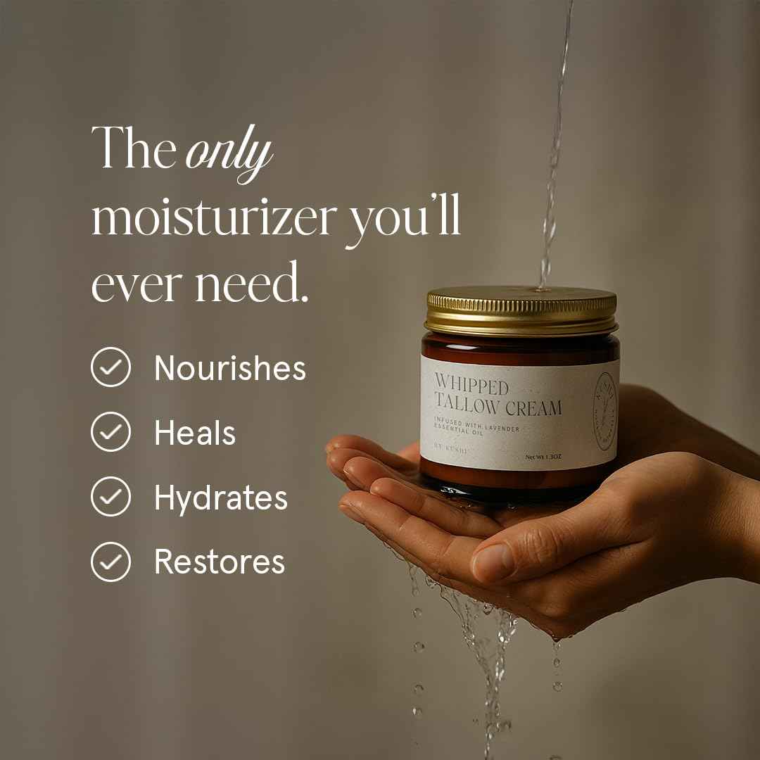 KUSHI Grass-Fed Whipped Tallow Cream Moisturizer for Face & Body – Organic Lavender – Vitamins A, D, E, K – Paraben & Sulfate Free, All-Natural Skin Care – 1.3oz