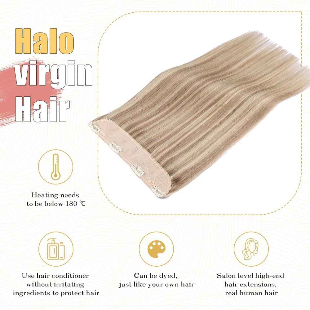 Halo Hair Extensions Real Human Hair - Light Blonde Golden Blond, Halo Extensions Human Hair 14inch 85g
