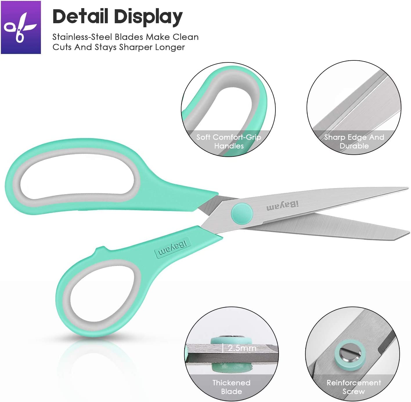 iBayam 8 '' Multipurpose Heavy Duty Scissors Bulk 36-Pack, 2.5mm Thickness Ultra Sharp Blade Shears with Comfort-Grip Handles for Household School Office Supplies, Right/Left Hand Tools