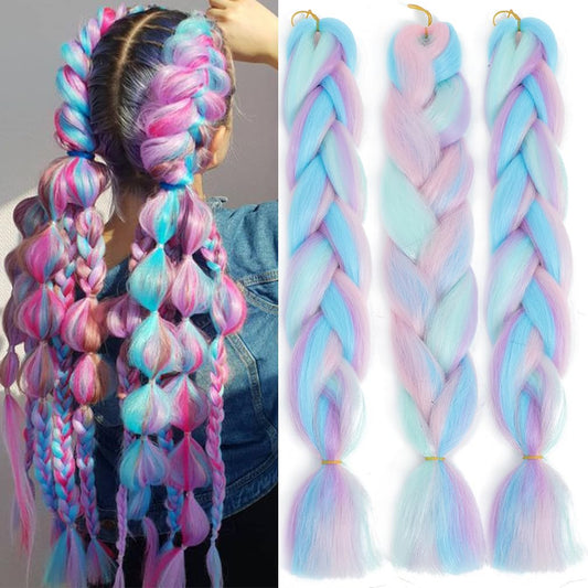 Rainbow Braiding Hair 3 Packs 24inch Jumbo Braiding Hair Extension Four Color Mix Braiding For Twist Braids,Jumbo Box Braids High Temperature Synthetic Fiber(Pink/Blue/Purple/Light Cyan)