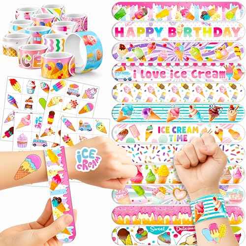 72 PCS Ice Cream Party Set - 48 Temporary Tattoos & 24 Slap Bracelets - Perfect for Themed Parties, Baby Showers, Classroom Rewards & Gifts for Kids