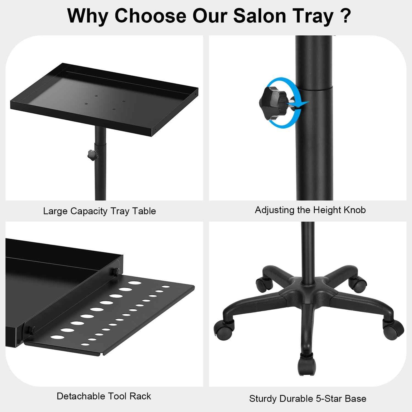 Salon Tray Cart Premium Metal Tattoo Tray, Storage Utility Cart with Tool Rack, Rolling Tray Trolley Adjustable Height, Tool Tray Cart for SPA Clinic Repair Shop