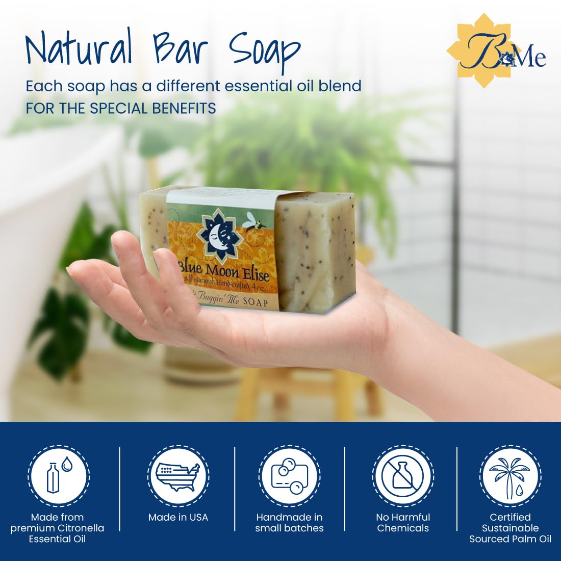 Blue Moon Elise Ain't Buggin Me Citronella Soap - Natural Handmade Soap Made with Pure Citronella, Eucalyptus and Lemongrass Essential Oils - A Must-have for Camping and Outdoor Activities (3pk)