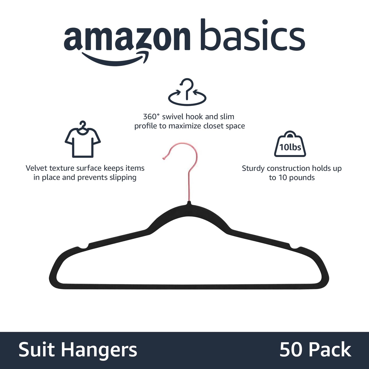 Amazon Basics Slim, Velvet, Non-Slip Suit Clothes Hangers, Black/Rose Gold - Pack of 50