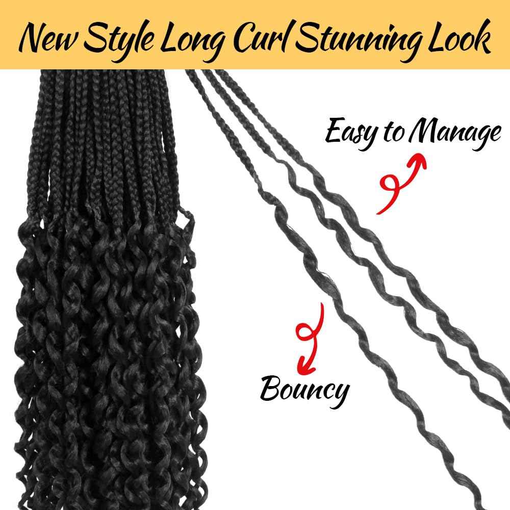 SECPOCPONY Long Boho Curl Box Braids Crochet Hair 30 Inch 8 Packs Pre looped French Curl Braiding Hair for Black Women Crochet Goddess Box Braid with Curly Ends (1B, Natural Black)