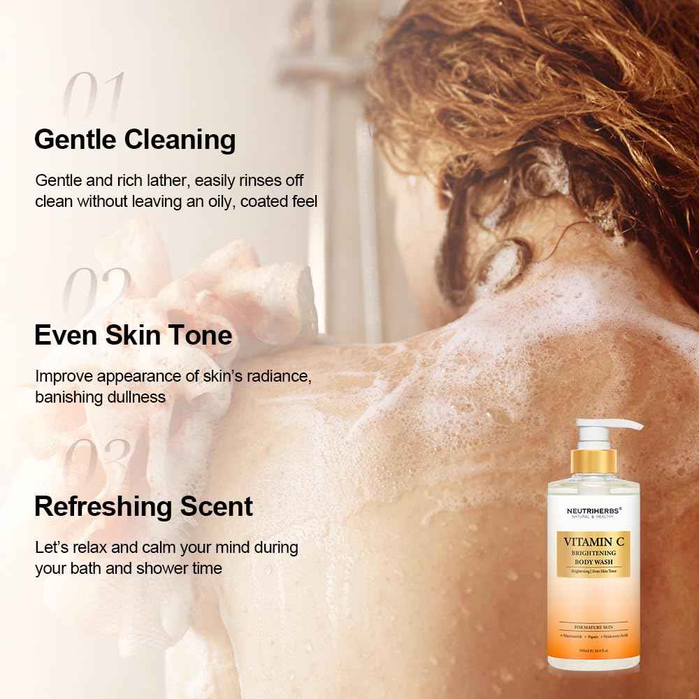 Neutriherbs Brightening Body Wash for Dull,Uneven Skin, Vitamin C Brightening Shower Gel For Women And Men, Daily Shower Soap With Papain, Niacinamide - Citrus Scent 16.9 Fl.Oz