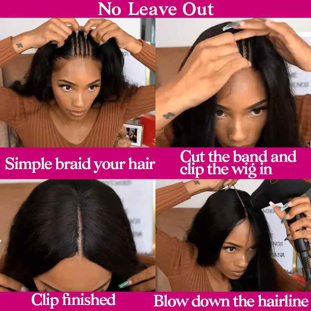Pobokix Straight V Part Wigs Human Hair Upgrade U Part Human Hair Wigs for Black Women Glueless Clip In Half Wig 180% Density Natural Color (8inch)
