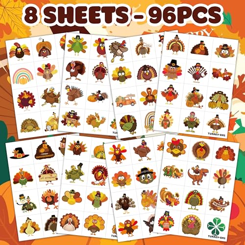 96 PCS Thanksgiving Turkey Temporary Tattoos Sheets