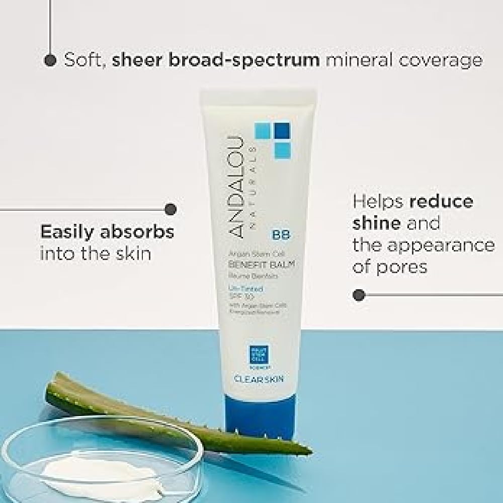 Andalou Naturals CLEAR SKIN Argan Stem Cell BB Benefit Balm, Un-Tinted SPF 30, 2-in-1 BB Cream & Face Sunscreen with Broad Spectrum Protection, Mineral Sunscreen for Oily Skin, 2 Fl Oz