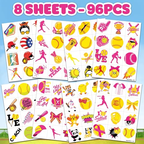 96 PCS Softball Sports Pre-Cut Temporary Tattoos for Kids | Super Cute Softball Themed Birthday Party Favors, Supplies, Decorations, Fake Tattoo Stickers, School Rewards & Gifts Boys & Girls, Carnival