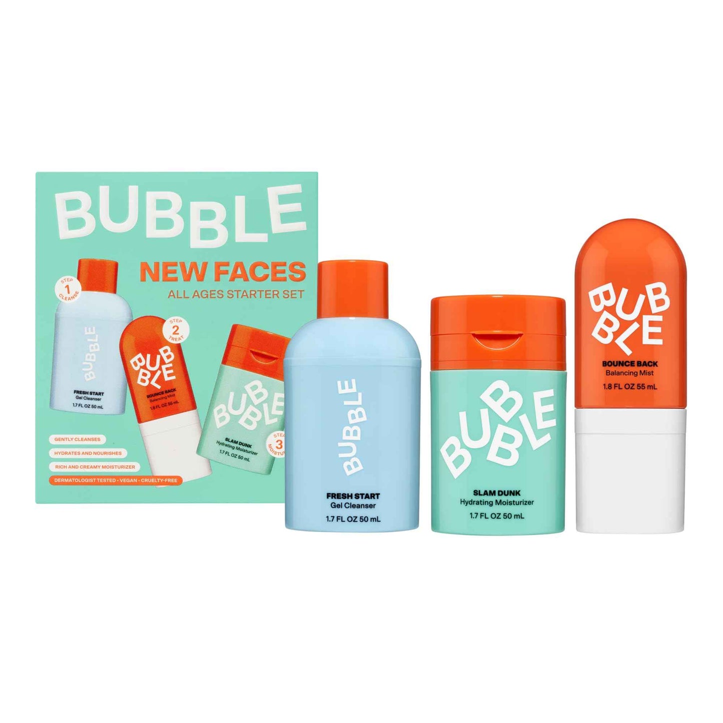 Bubble Skincare New Faces Gift Set - Skincare Set Includes Exfoliating Gel Cleanser, Balancing Facial Toner Mist + Hydrating Face Cream for Dry Skin - Skincare for Teens + Adults