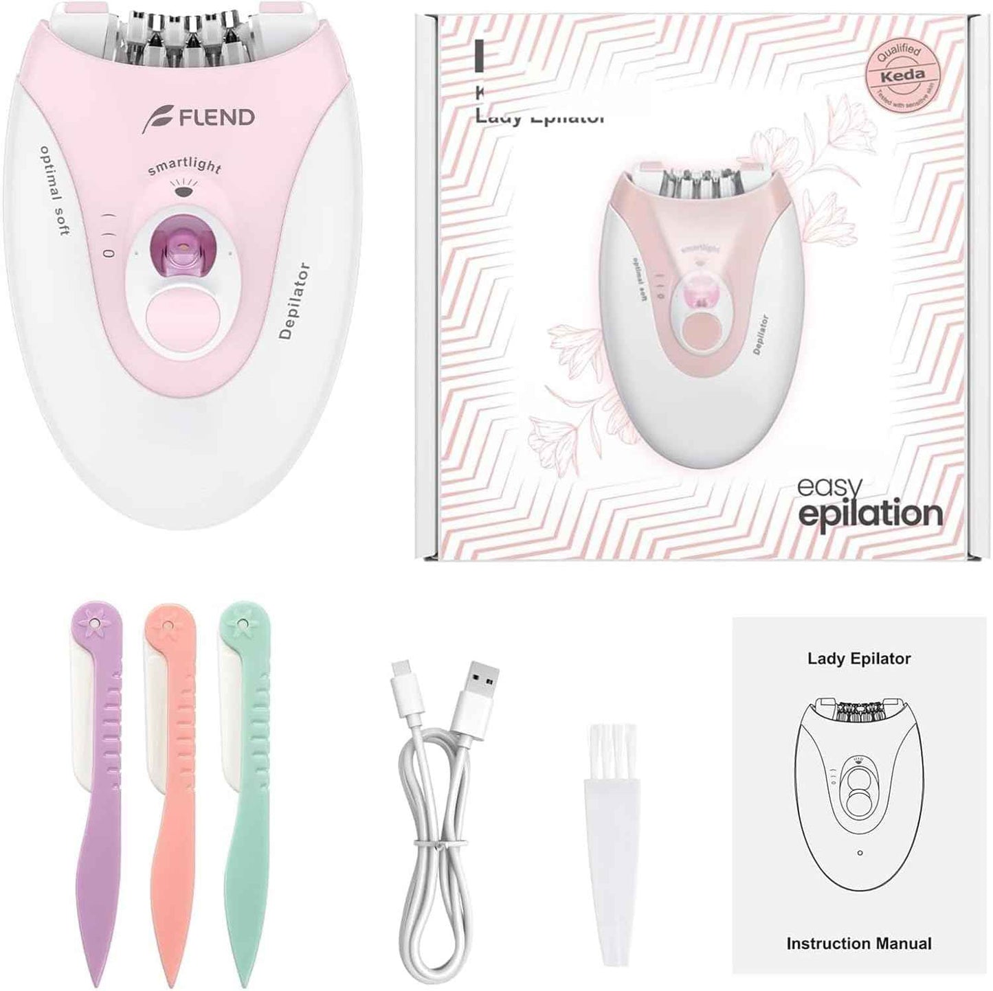 Smooth Glide Epilator for Women, 2 Speeds Facial Hair Removal Device with LED Light, 36 Tweezers & Massage Pad. Rechargeable Facial Hair Removal Epilator for Bikini, Arms, Legs, and Face